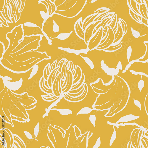 Motif floral jaune sans couture dessiné à la main avec des fleurs exotiques audacieuses de tulipier.