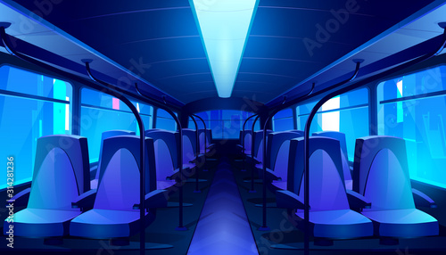Empty bus interior at night. Vector cartoon passenger cabin of public city transport with blue seats and urban landscape behind a window. School autobus, tram or train inside