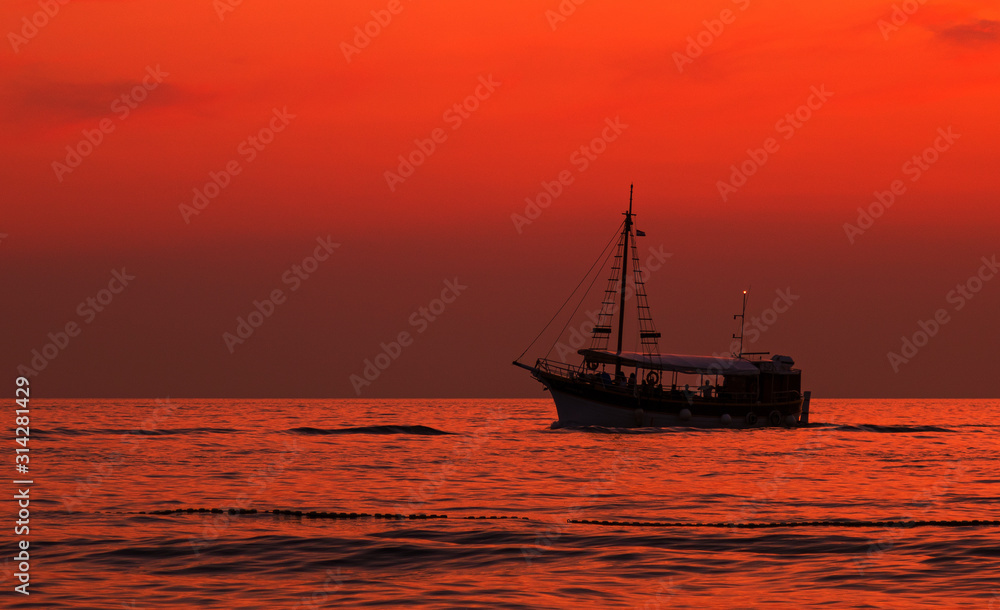 Boat. Orange. Sunset. Sky. Sea. Istria
