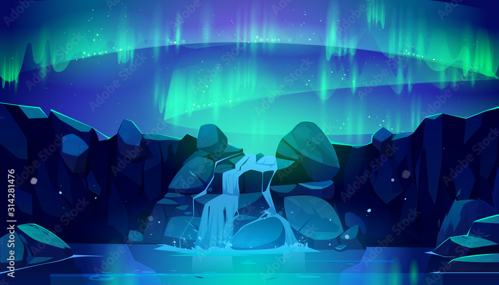 Fototapeta Zorza polarna w nocnym niebie i wodospadzie. Ilustracja kreskówka wektor północnych świateł, gwiaździstej przestrzeni i spadającego strumienia górskiej rzeki w skałach. Zimowy krajobraz nordycki