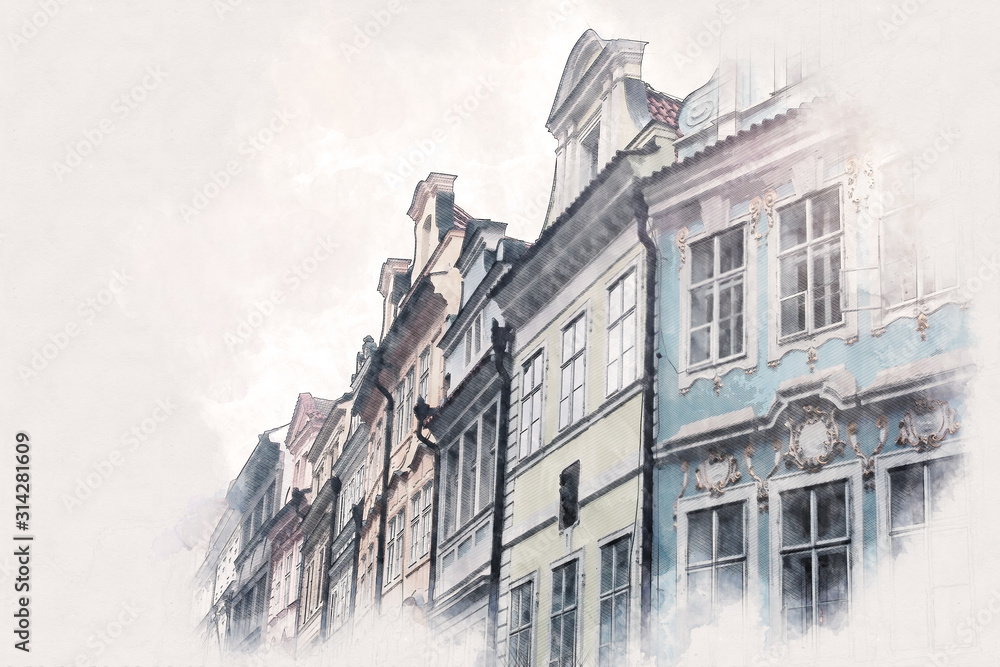 abstract architecture sketch style image of Prague with old beautiful houses