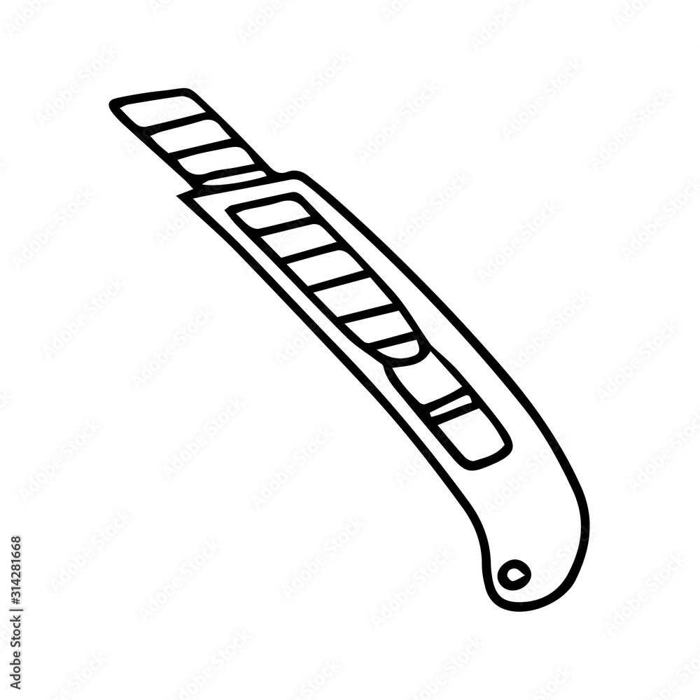 stationery knife in doodle style. black and white vector illustration. The object is hand-drawn and isolated on a white background. Knife with interchangeable blade for cutting. Office supplies