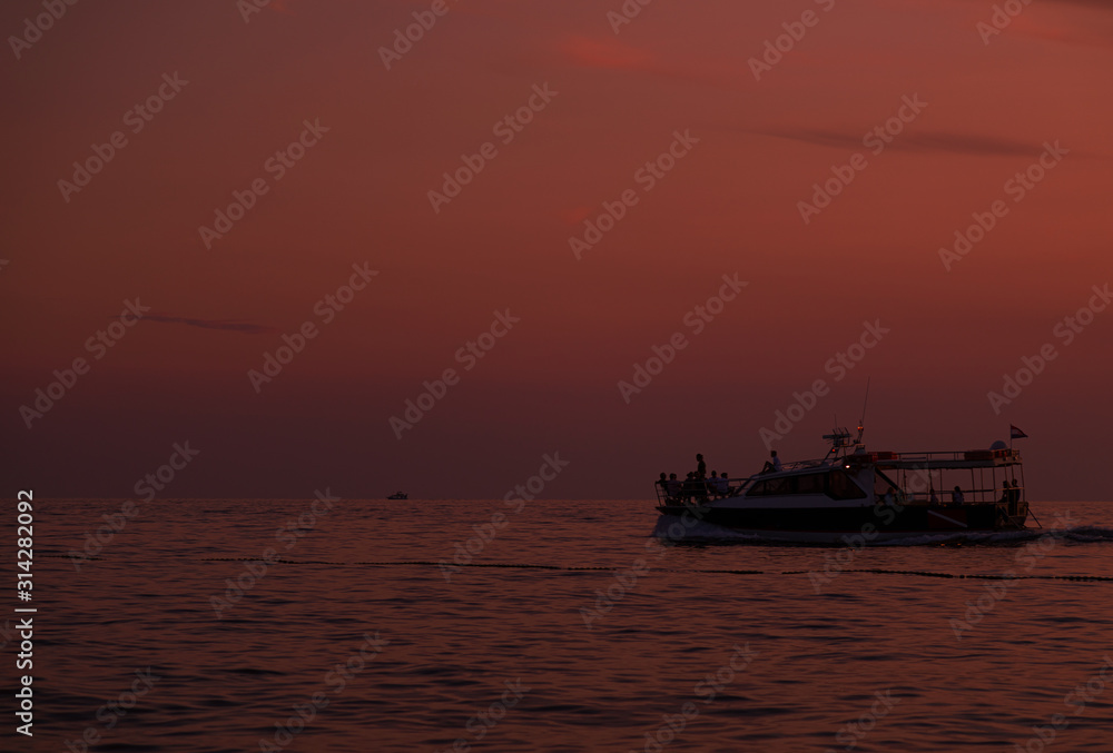 Boat. Sunset. Orange. Sea. Sky. Istria Boat. Sunset. Orange. Sea. Sky. Istria