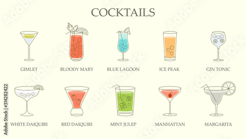 Set of line drawings of different cocktails in assorted shaped glasses with explanatory text below over an off white background. Vector illustration