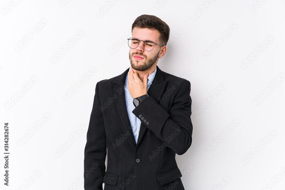 Young caucasian business man posing in a white background isolated Young caucasian business man suffers pain in throat due a virus or infection. Young caucasian business man posing in a white background isolated Young caucasian business man suffers pain in throat due a virus or infection.