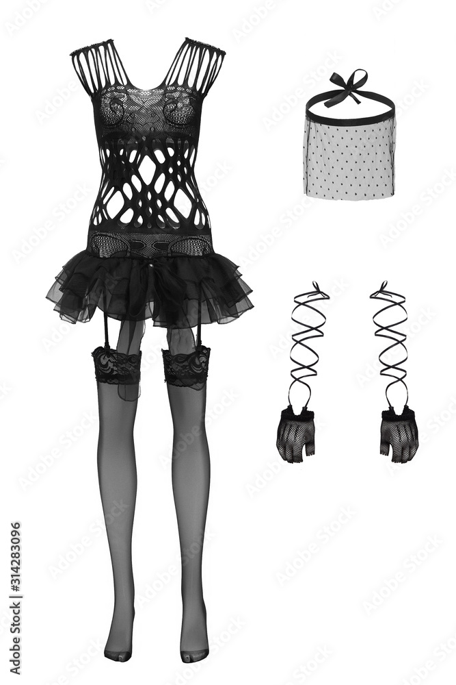 Subject shot of a black clothing set composed of the garter belt