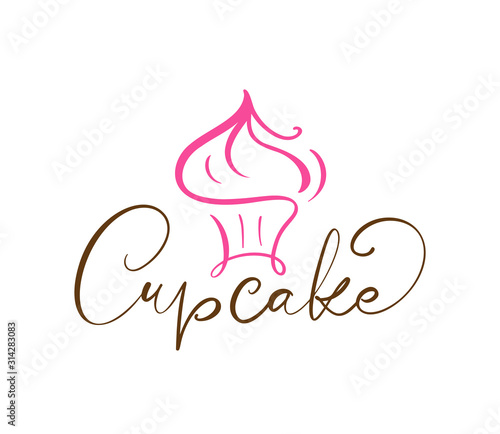 Cupcake vector calligraphic text with logo. Sweet cupcake with cream, vintage dessert emblem template design element. Candy bar birthday or wedding invitation