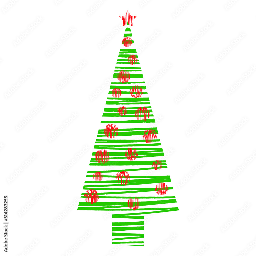Green New Year and Xmas tree, Christmas red balls and star. Hatching with felt-tip pen. Single hand drawn doodle vector illustration for greeting cards, posters, stickers and seasonal design. Green New Year and Xmas tree, Christmas red balls and star. Hatching with felt-tip pen. Single hand drawn doodle vector illustration for greeting cards, posters, stickers and seasonal design.