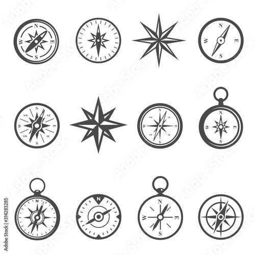 Compass, navigational equipment glyph vector icons set
