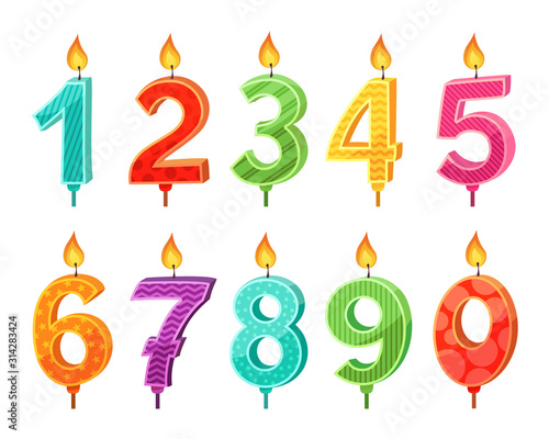Holiday candles, Birthday cake decorative elements flat vector illustration