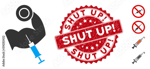 Vector anabolic steroids icon and distressed round stamp seal with Shut Up! text. Flat anabolic steroids icon is isolated on a white background.