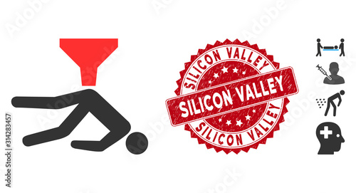 Vector anal enema icon and grunge round stamp seal with Silicon Valley caption. Flat anal enema icon is isolated on a white background. Silicon Valley stamp uses red color and grunge texture.