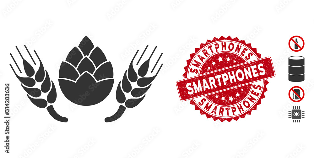Vector beer components icon and corroded round stamp seal with Smartphones caption. Flat beer components icon is isolated on a white background.