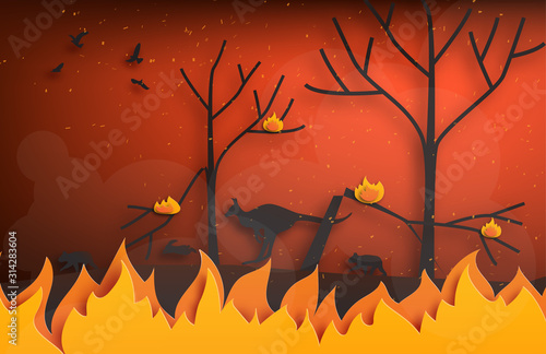 Forest fires with silhouettes of wild animals fleeing fire in paper cut style. Digital craft paper art.