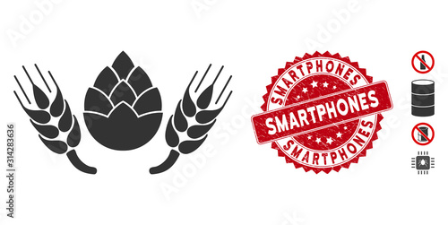 Vector beer components icon and corroded round stamp seal with Smartphones caption. Flat beer components icon is isolated on a white background.