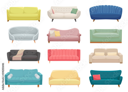 Sofas, furniture pieces flat vector illustrations set