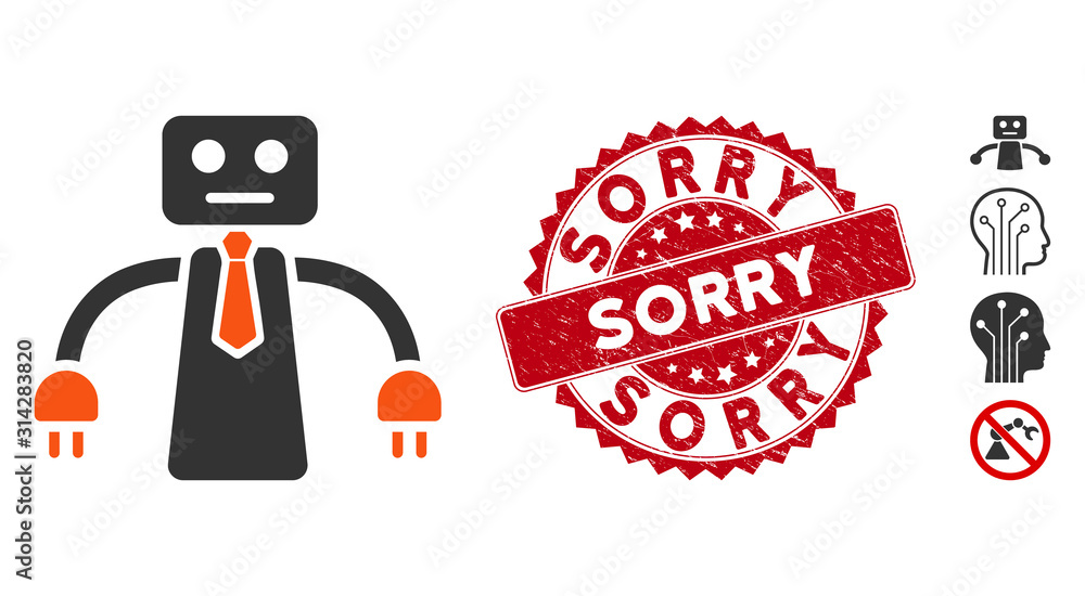 Vector boss robot icon and corroded round stamp seal with Sorry phrase. Flat boss robot icon is isolated on a white background. Sorry stamp seal uses red color and grunged surface. Vector boss robot icon and corroded round stamp seal with Sorry phrase. Flat boss robot icon is isolated on a white background. Sorry stamp seal uses red color and grunged surface.