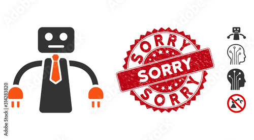 Vector boss robot icon and corroded round stamp seal with Sorry phrase. Flat boss robot icon is isolated on a white background. Sorry stamp seal uses red color and grunged surface.