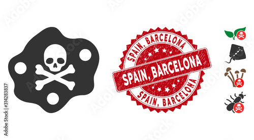 Vector botulinum toxin icon and grunge round stamp watermark with Spain, Barcelona caption. Flat botulinum toxin icon is isolated on a white background. Spain,