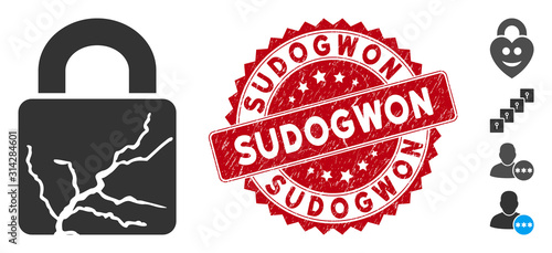 Vector corrupted lock icon and distressed round stamp seal with Sudogwon text. Flat corrupted lock icon is isolated on a white background. Sudogwon stamp seal uses red color and grunge design.