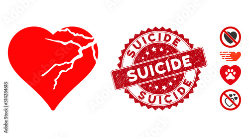 Vector corrupted love heart icon and grunge round stamp seal with Suicide text. Flat corrupted love heart icon is isolated on a white background. Suicide stamp seal uses red color and dirty surface.