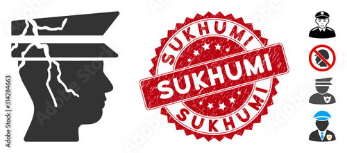 Vector corrupted police officer icon and grunge round stamp seal with Sukhumi text. Flat corrupted police officer icon is isolated on a white background.