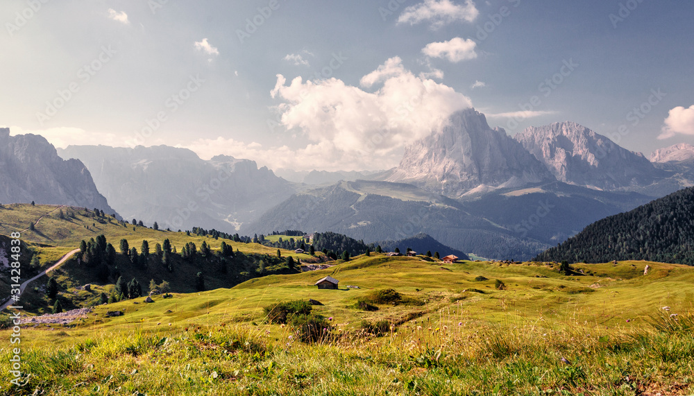 Wonderfu Alpine countryside in sunny day, Awesome alpine highlands in summer. Amazing Nature Scenery in Dolomites Alps. Beautiful Natural background. Wonderful Nature landscape. Sunny Alpine Valley