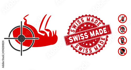 Vector dead flea icon and rubber round stamp seal with Swiss Made phrase. Flat dead flea icon is isolated on a white background. Swiss Made stamp seal uses red color and rubber surface.