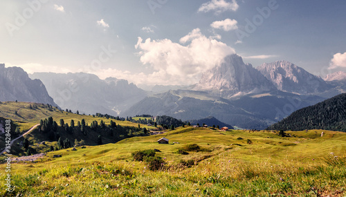 Wonderfu Alpine countryside in sunny day, Awesome alpine highlands in summer. Amazing Nature Scenery in Dolomites Alps. Beautiful Natural background. Wonderful Nature landscape. Sunny Alpine Valley © jenyateua