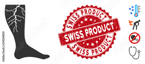 Vector deep vein thrombosis icon and grunge round stamp watermark with Swiss Product text. Flat deep vein thrombosis icon is isolated on a white background.