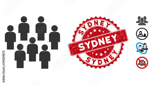 Vector demography icon and rubber round stamp seal with Sydney caption. Flat demography icon is isolated on a white background. Sydney stamp seal uses red color and grunged surface.