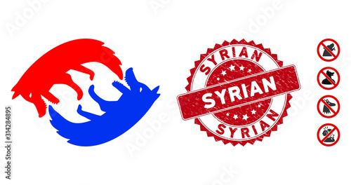 Vector dog eat dog icon and grunge round stamp seal with Syrian text. Flat dog eat dog icon is isolated on a white background. Syrian stamp seal uses red color and grunged texture.