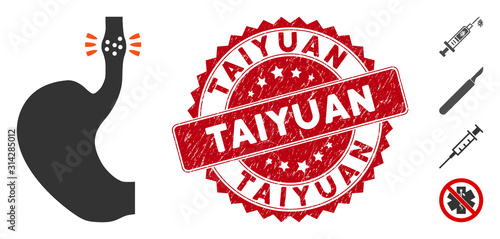 Vector esophageal cancer icon and distressed round stamp seal with Taiyuan text. Flat esophageal cancer icon is isolated on a white background. Taiyuan stamp seal uses red color and grunge texture.