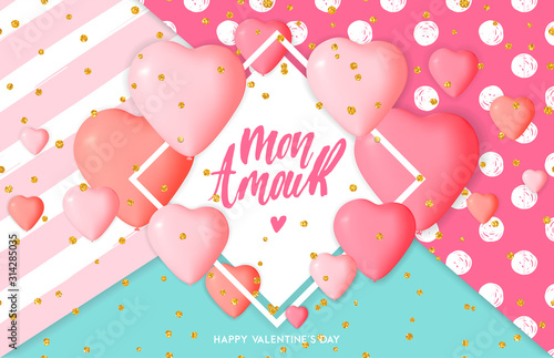 Happy Valentine's day card template with cute and fancy pink heart balloons with lettering. Background, poster, advertising, sale, postcard, e-card, wallpaper, flyers, invitation, brochure, banners.