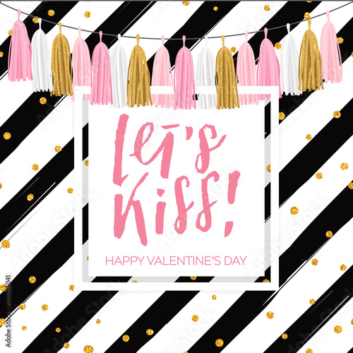 Lettering Valentine's day illustration. Tissue paper tassel garland banner