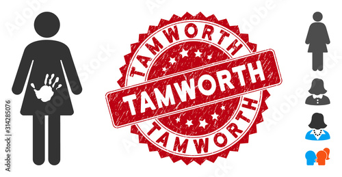 Vector female harassment icon and grunge round stamp watermark with Tamworth text. Flat female harassment icon is isolated on a white background. Tamworth stamp uses red color and grunged surface.