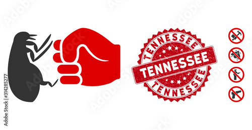 Vector flea fist strike icon and rubber round stamp seal with Tennessee phrase. Flat flea fist strike icon is isolated on a white background. Tennessee stamp seal uses red color and scratched design.