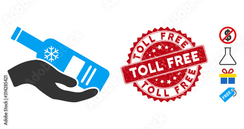 Vector free vodka bottle icon and corroded round stamp seal with Toll Free caption. Flat free vodka bottle icon is isolated on a white background.