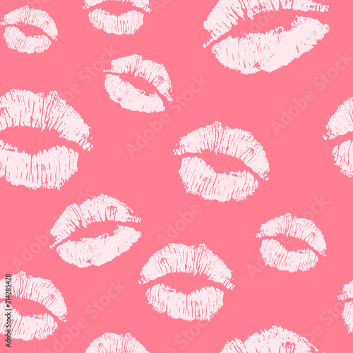 Vector pink seamless pattern background. Lips prints wrapping paper. World kiss day  Valentine s day