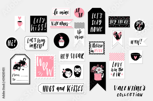 Abstract black, white, pink and gold glitter textured colored Valentine's Day printable tags collection. Love, heart, holiday sticker kit. Vector illustration.