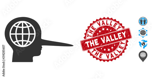 Vector global liar icon and grunge round stamp seal with The Valley caption. Flat global liar icon is isolated on a white background. The Valley stamp seal uses red color and rubber texture.
