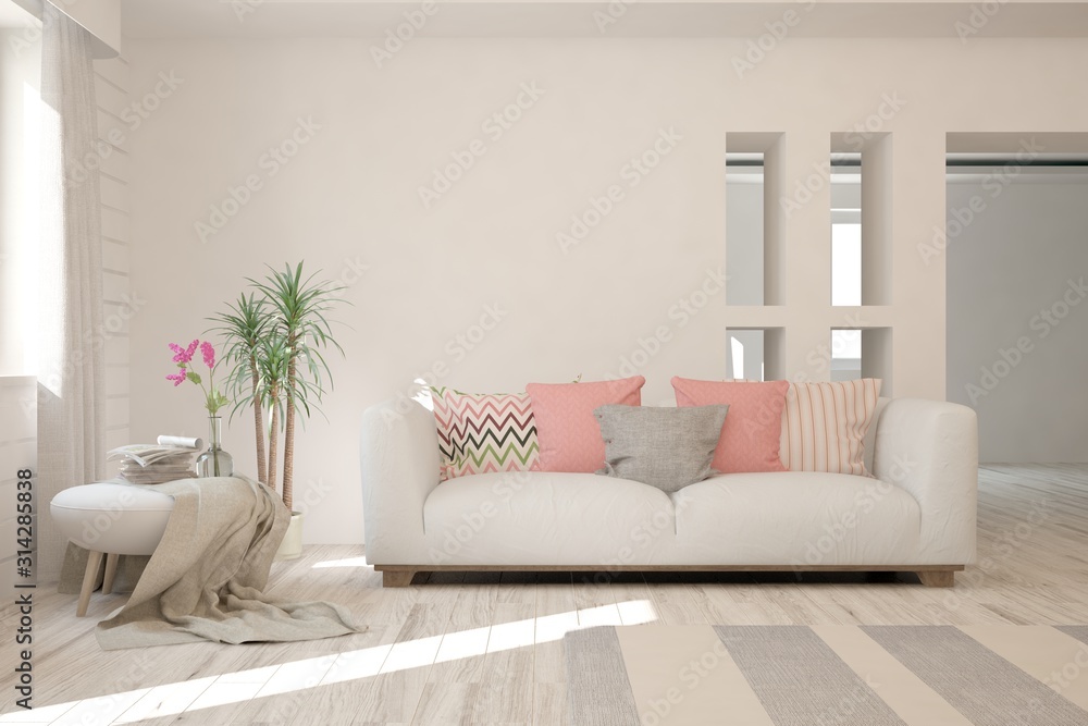 Naklejka premium Stylish room in white color with sofa. Scandinavian interior design. 3D illustration