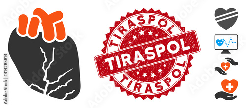 Vector heart cancer icon and grunge round stamp seal with Tiraspol caption. Flat heart cancer icon is isolated on a white background. Tiraspol stamp seal uses red color and grunge design.