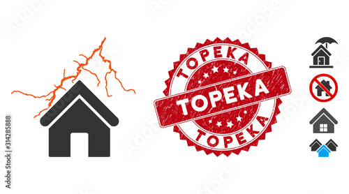 Vector home in thunderstorm icon and distressed round stamp seal with Topeka caption. Flat home in thunderstorm icon is isolated on a white background.