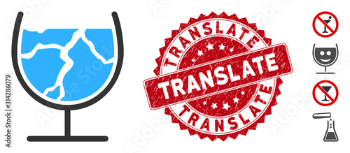 Vector ice drink icon and corroded round stamp seal with Translate phrase. Flat ice drink icon is isolated on a white background. Translate stamp uses red color and scratched design.