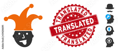 Vector idiot head icon and corroded round stamp seal with Translated phrase. Flat idiot head icon is isolated on a white background. Translated stamp seal uses red color and grunge design.