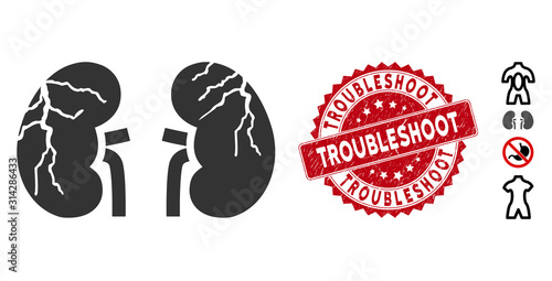 Vector kidneys cancer icon and distressed round stamp seal with Troubleshoot caption. Flat kidneys cancer icon is isolated on a white background.