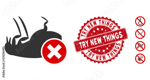 Vector kill flea icon and grunge round stamp seal with Try New Things text. Flat kill flea icon is isolated on a white background. Try New Things stamp seal uses red color and grunged surface.