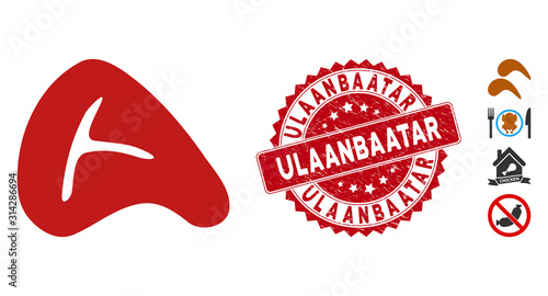 Vector meat steak icon and corroded round stamp seal with Ulaanbaatar phrase. Flat meat steak icon is isolated on a white background. Ulaanbaatar stamp seal uses red color and scratched surface.