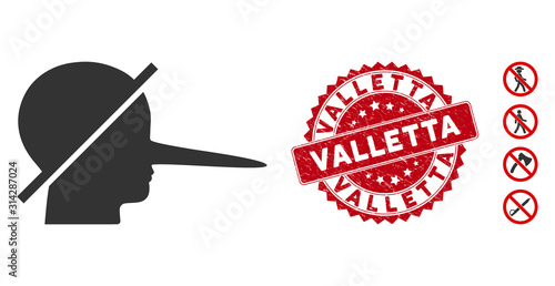 Vector no liars icon and distressed round stamp seal with Valletta caption. Flat no liars icon is isolated on a white background. Valletta stamp seal uses red color and grunge texture.